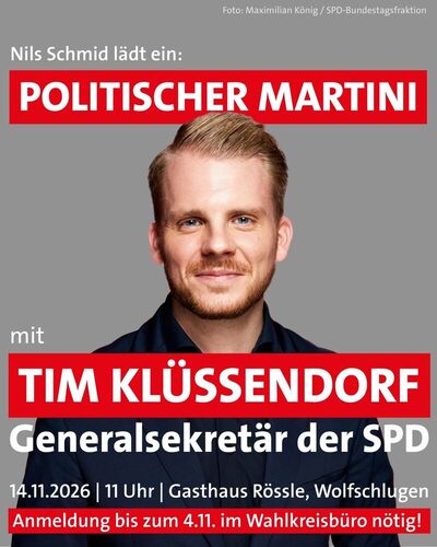 Einladung zum 8. Politischen Martini am 14. November 2026 in Wolfschlugen mit SPD-Generalsekretär Tim Klüssendorf.